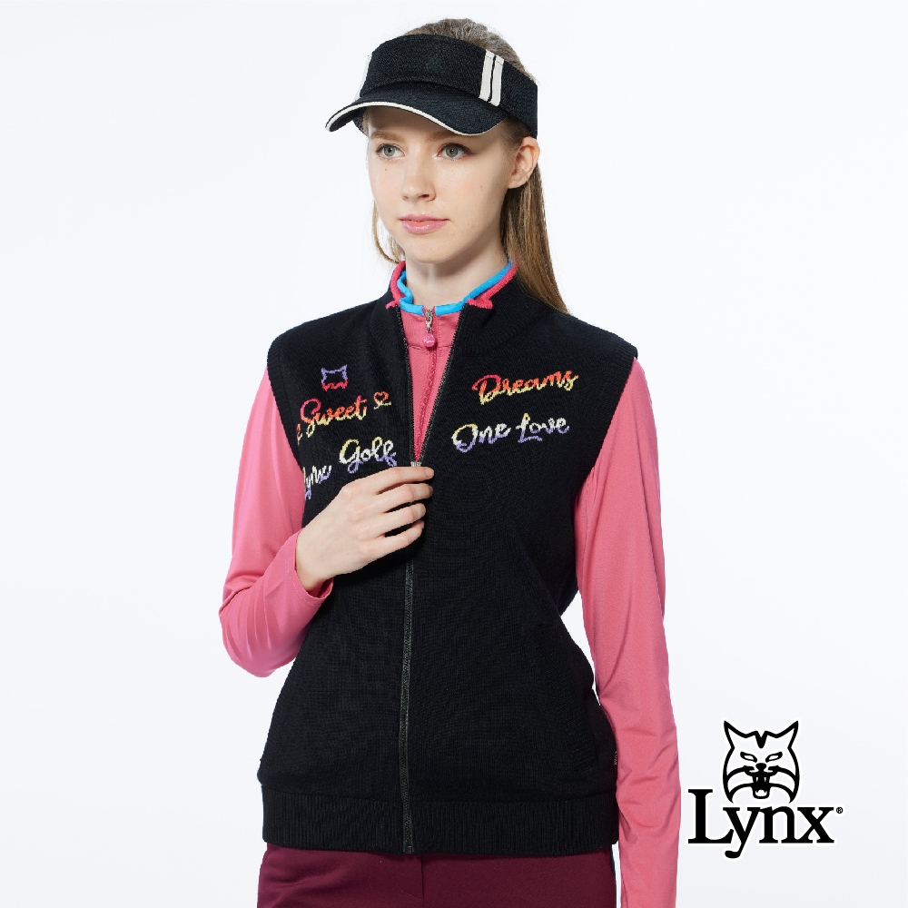 【Lynx Golf】女款保暖羊毛混紡彩色文字緹花領緣配色無袖立領背心-黑色