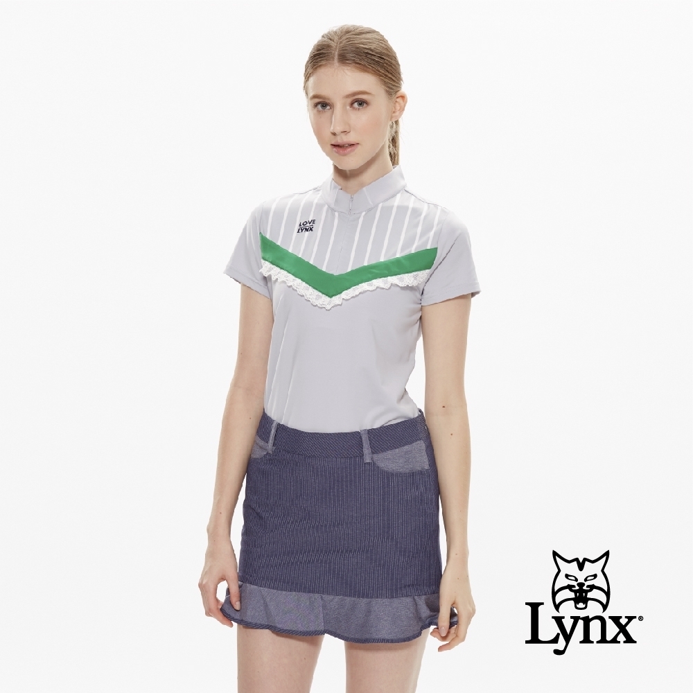 【Lynx Golf】女款吸汗速乾涼感舒適V型剪接蕾絲布短袖立領POLO衫-淺灰色