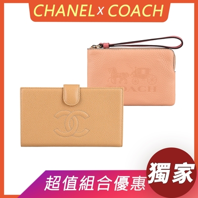 展示品CHANEL 經典雙C縫線LOGO魚子醬牛皮6卡釦式長夾(米)+COACH