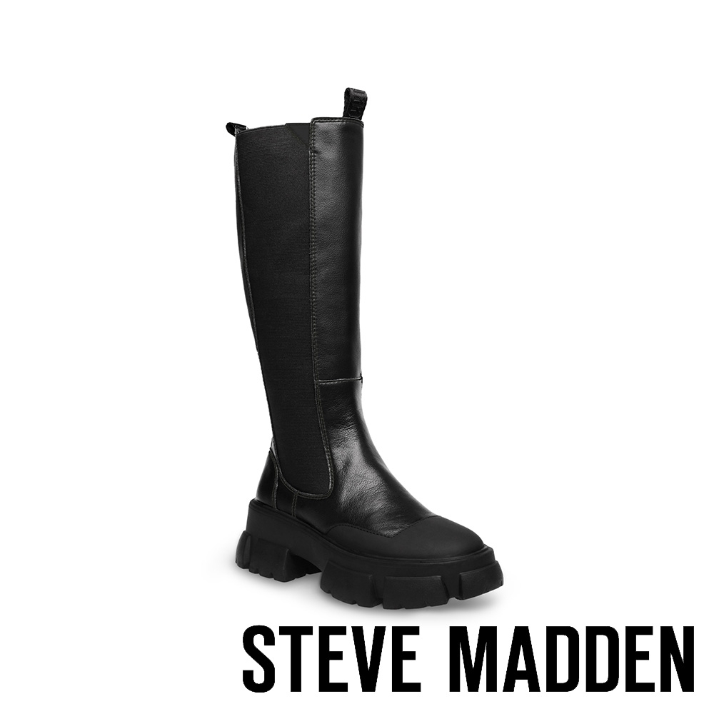 STEVE MADDEN-TRUCKER 個性款拼接皮質厚底長靴-黑色