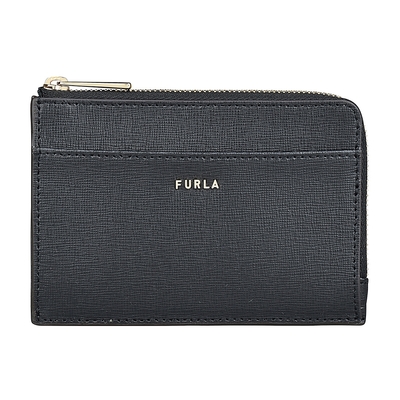 FURLA BABYLON金字LOGO防刮牛皮4卡拉鏈卡片零錢包(中/黑)