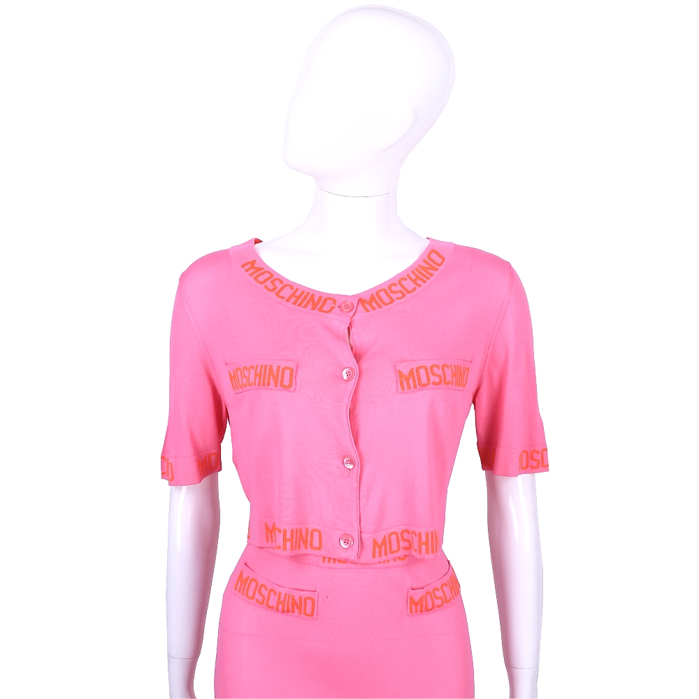 MOSCHINO 亮粉色品牌字母飾邊短袖針織外套