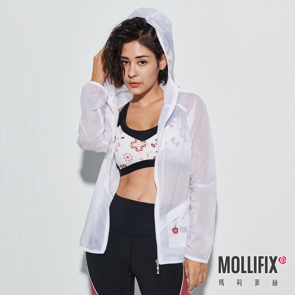 Mollifix 瑪莉菲絲 輕量可收納連帽風衣外套 (白) 暢貨出清、瑜珈服、運動外套、瑜珈上衣、薄外套