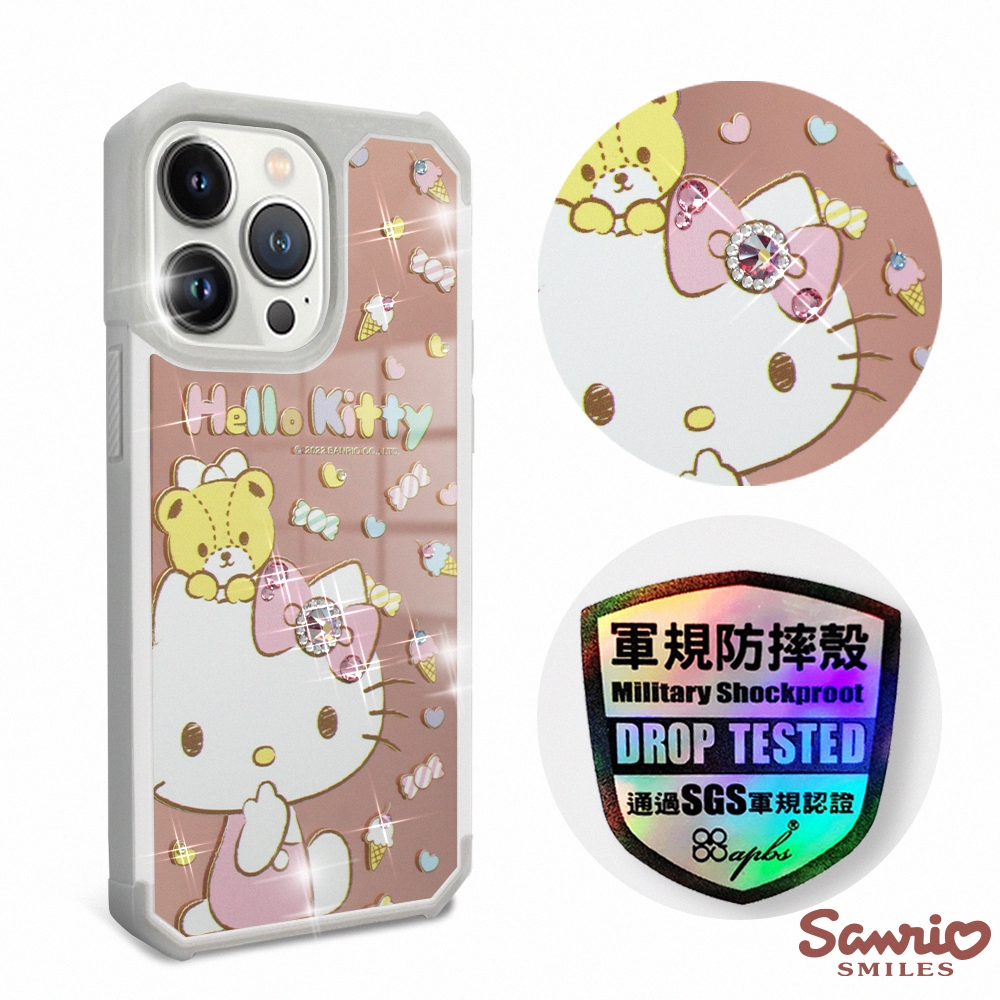 三麗鷗 Kitty iPhone 13 Pro 6.1吋軍規防摔鏡面水晶彩鑽手機殼-童趣凱蒂