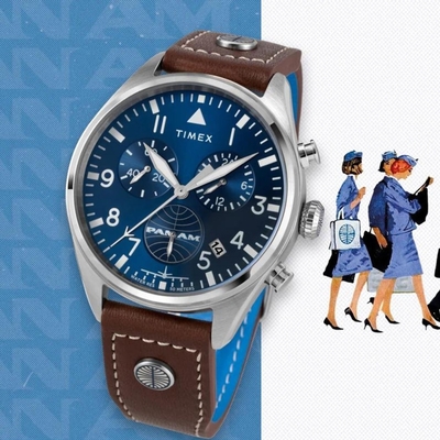 TIMEX 天美時 x Pan Am Day-Date 42mm 三眼計時手錶 (藍x棕 TXTWG030000)