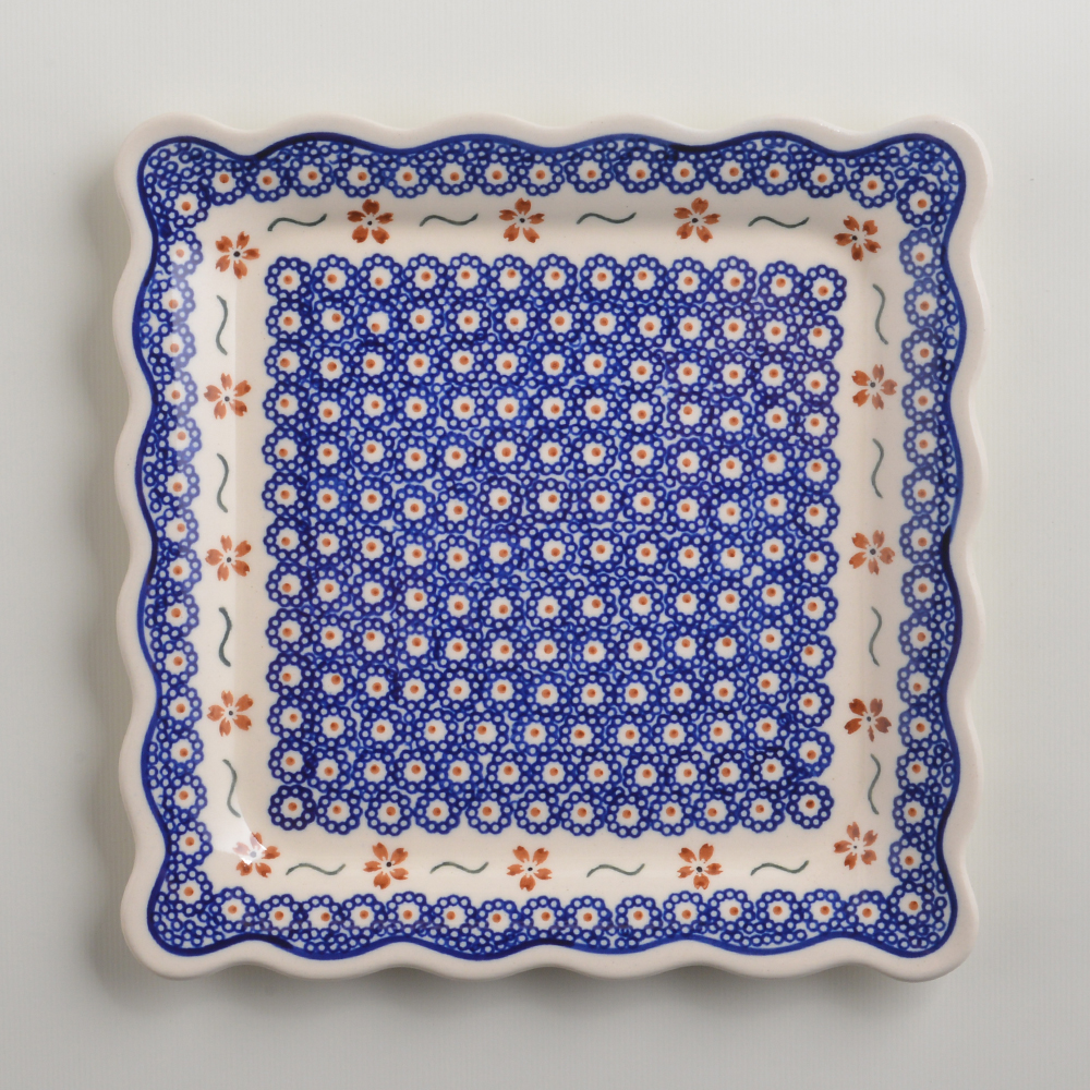 波蘭陶 紅點藍花系列 方形餐盤 24cm 波蘭手工製