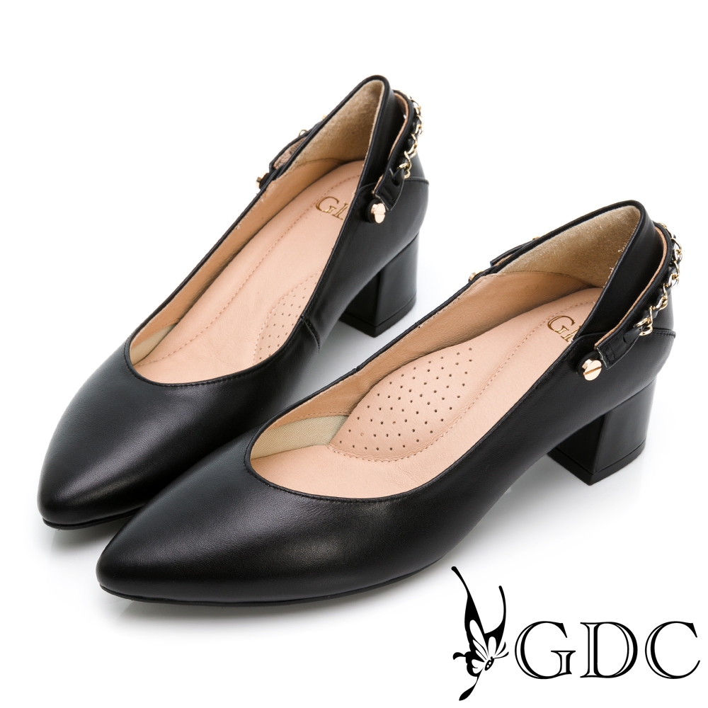 GDC-古典巴洛克歐風素色小香金鍊質感真皮舒適中跟尖頭包鞋-黑色