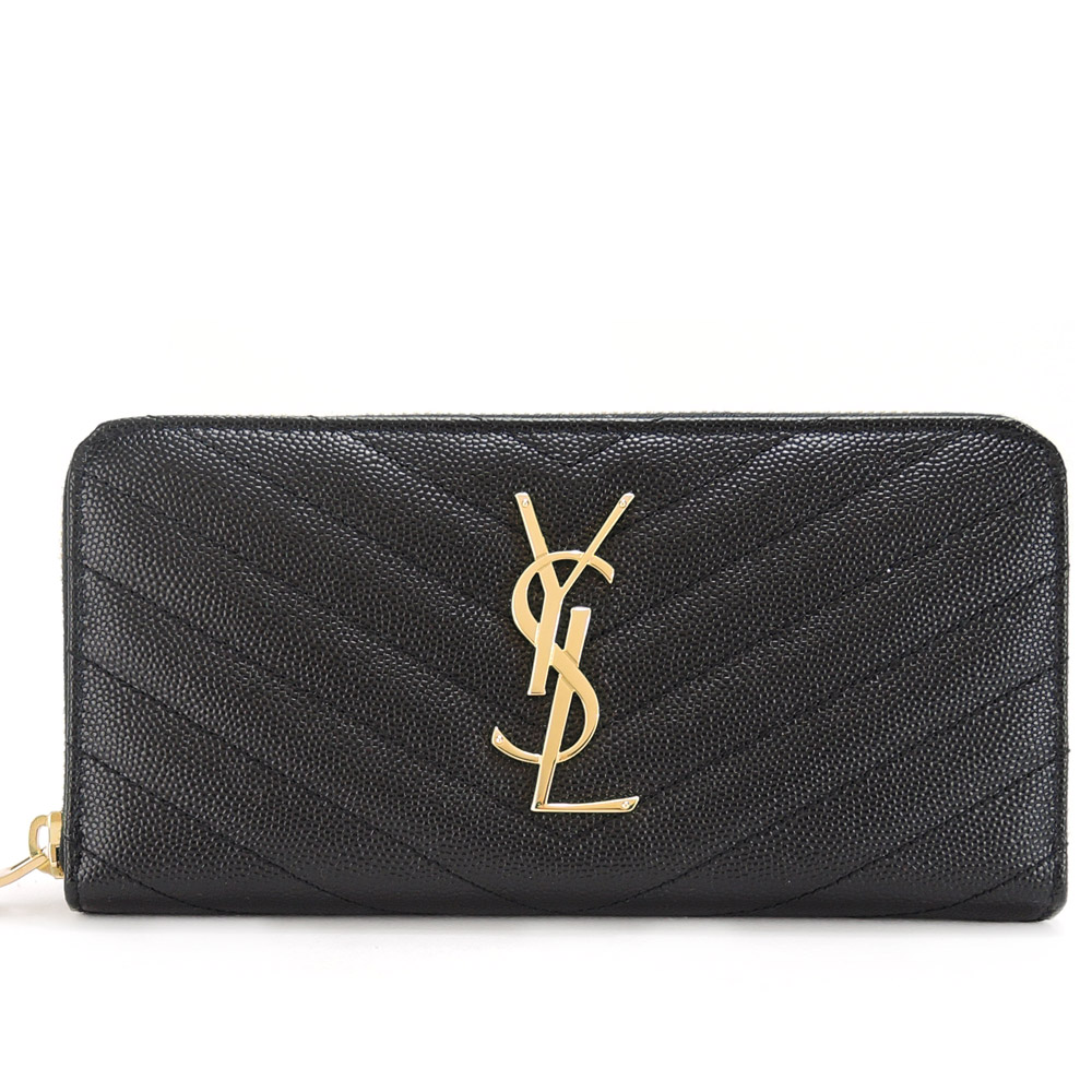 YSL MONOGRAM系列V字縫線魚子醬牛皮金色LOGO拉鍊手拿長夾(黑)