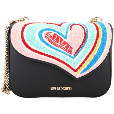 LOVE MOSCHINO 毛呢彩虹愛心牛皮鍊帶翻蓋斜背包(黑色)