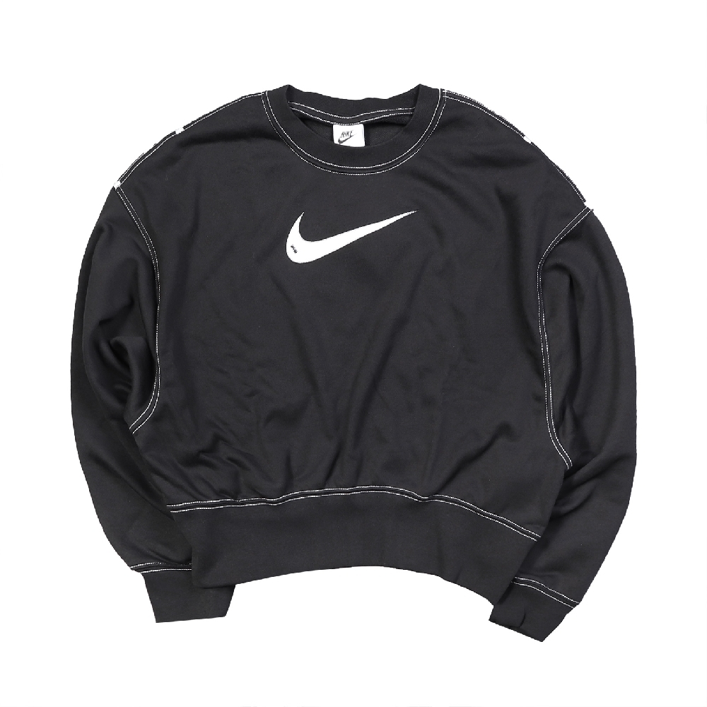 Nike 大學T NSW Swoosh Sweatshirts 女款 運動休閒 抽繩 落肩 寬鬆 穿搭 黑 白 DO7212-010