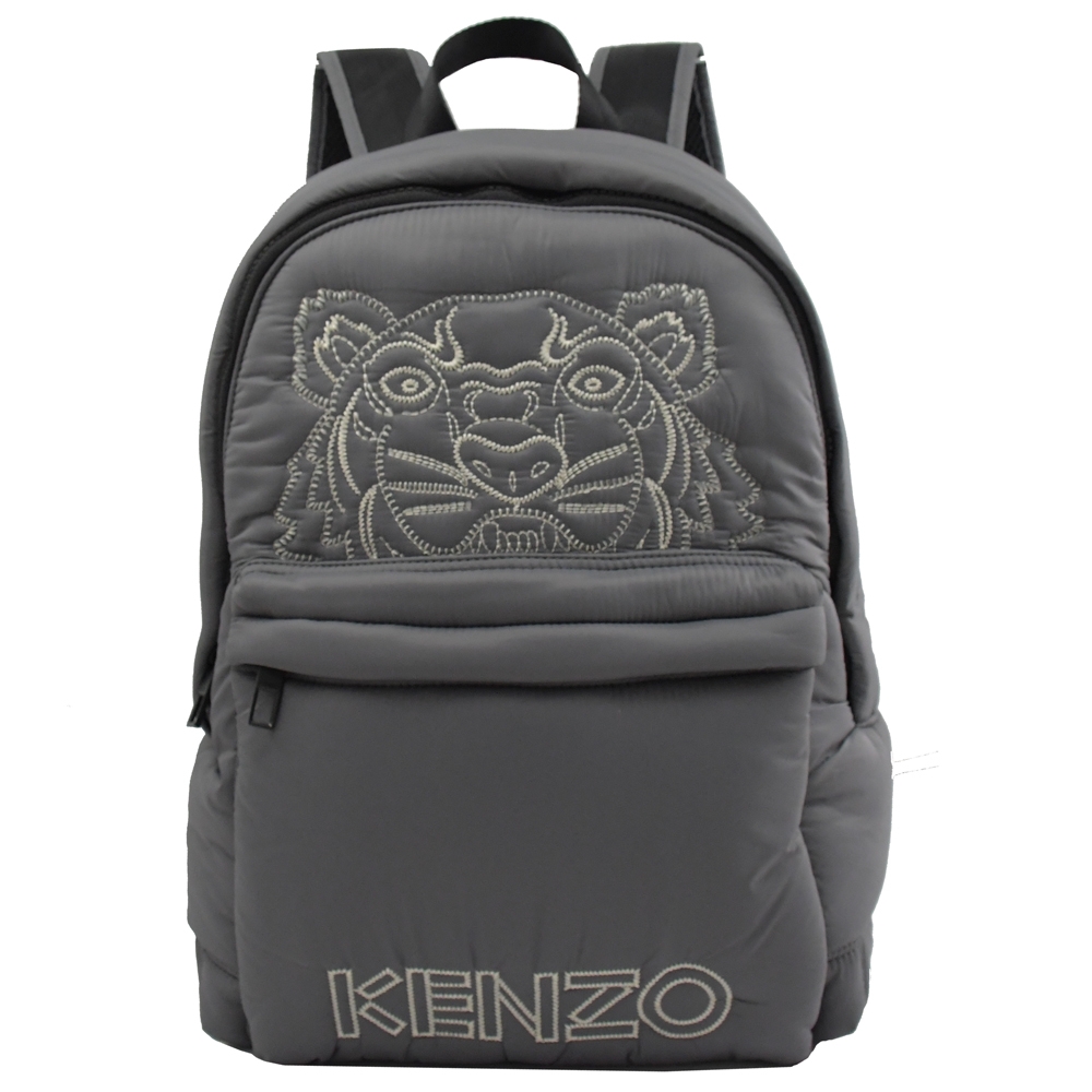 KENZO 電繡老虎圖案LOGO尼龍拉鍊後背包(鐵灰 大)