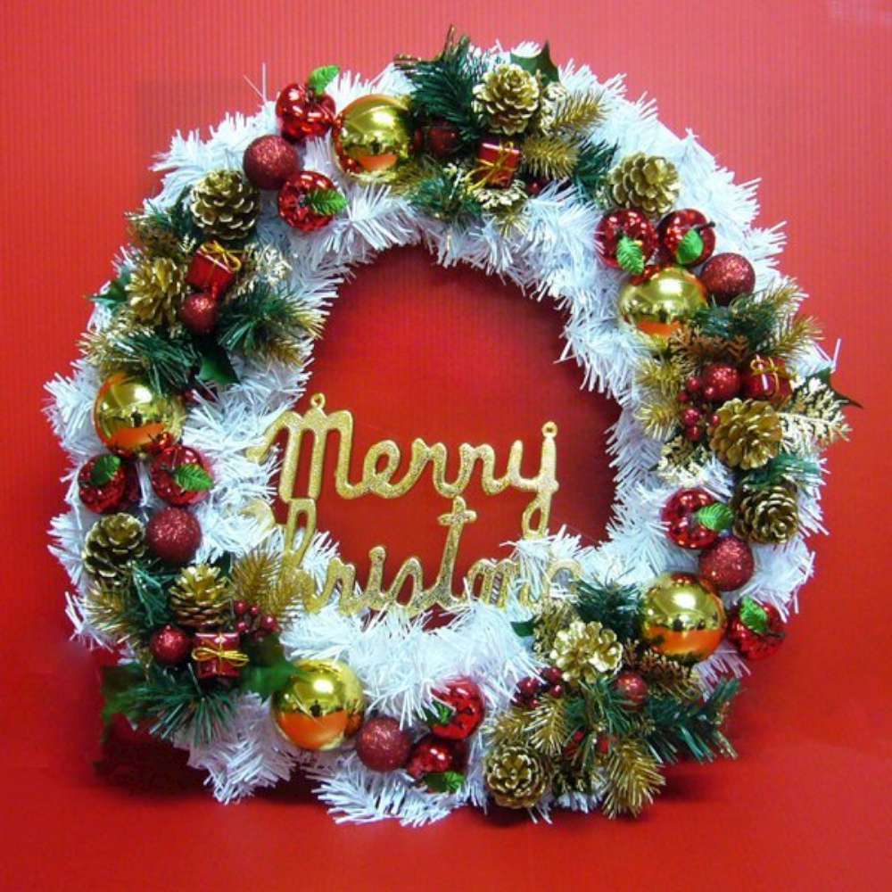 摩達客 20吋時尚優雅白色聖誕花圈(紅金色系)(台灣手工組裝出貨)