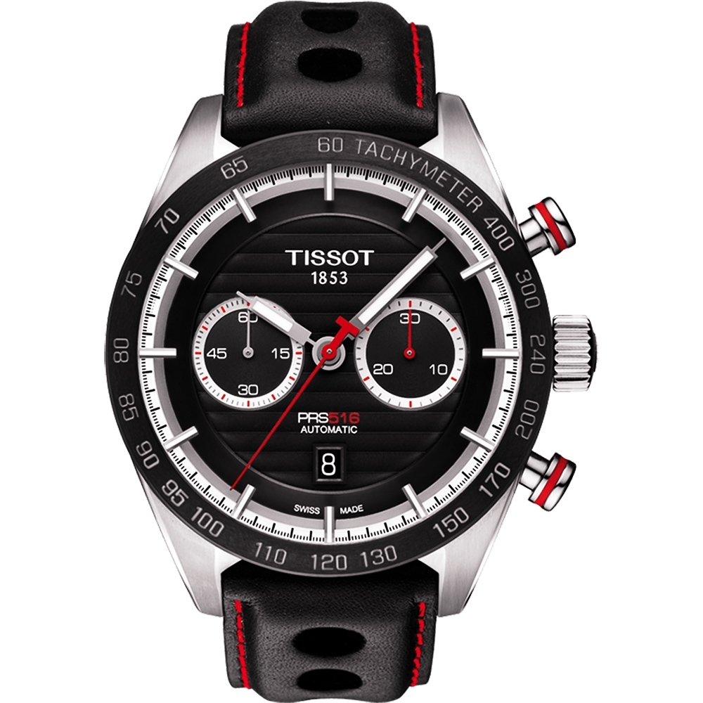 TISSOT 天梭 官方授權 PRS516 系列計時機械皮帶腕錶-黑x紅針/45mm T1004271605100