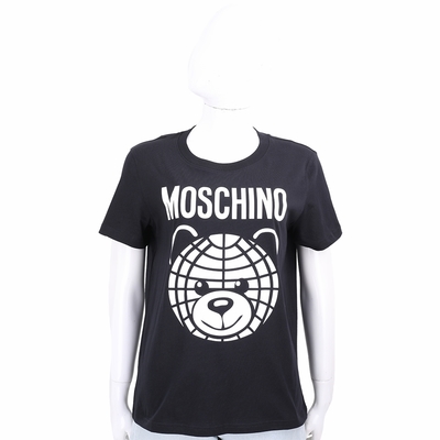 MOSCHINO 地球花紋泰迪熊印花黑色純棉短袖TEE T恤