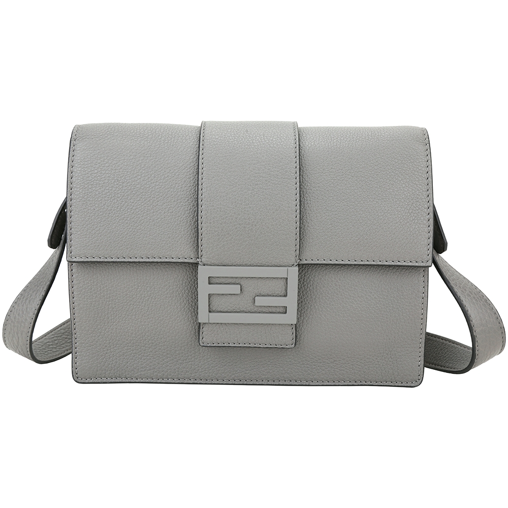 FENDI Baguette FF同色金屬釦粒面小牛皮手拿/斜背包(灰色)