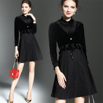 【KEITH-WILL】高貴典雅黑色絲絨長袖洋裝