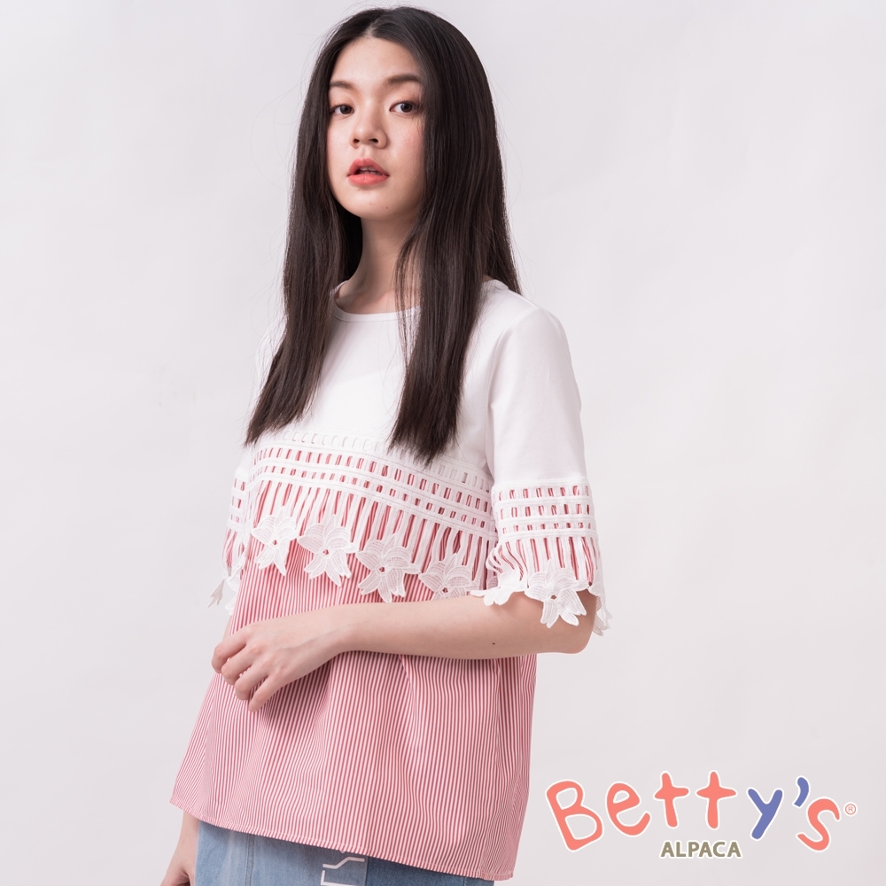 betty’s貝蒂思　圓領直條紋拼接蕾絲花邊上衣(紅色)