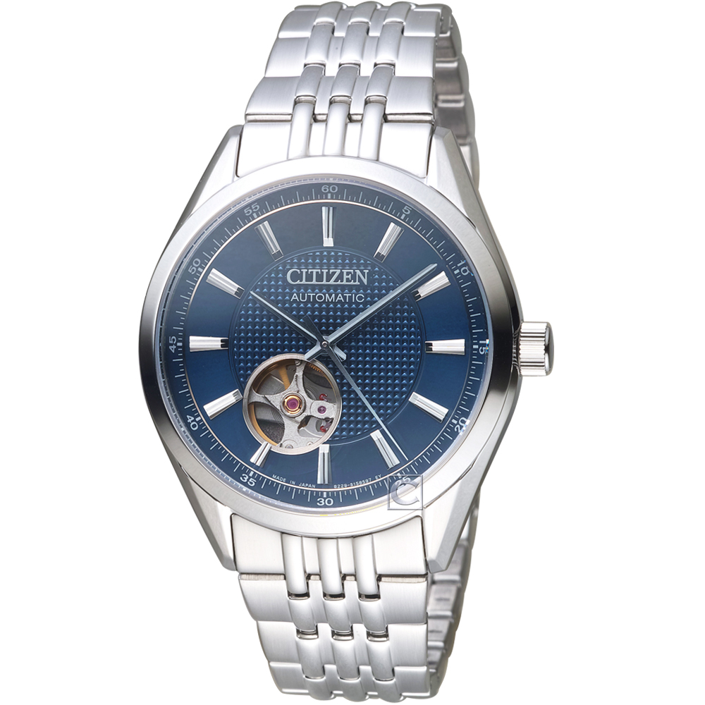 CITIZEN 星辰紳士時尚開芯機械腕錶(NH9110-81L)-藍