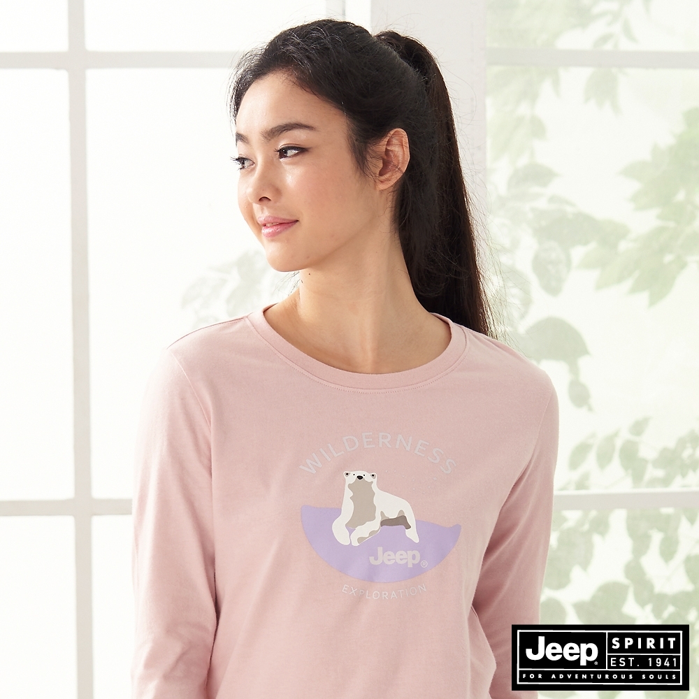 Jeep 女裝 俏皮北極熊圖騰長袖T恤-粉色