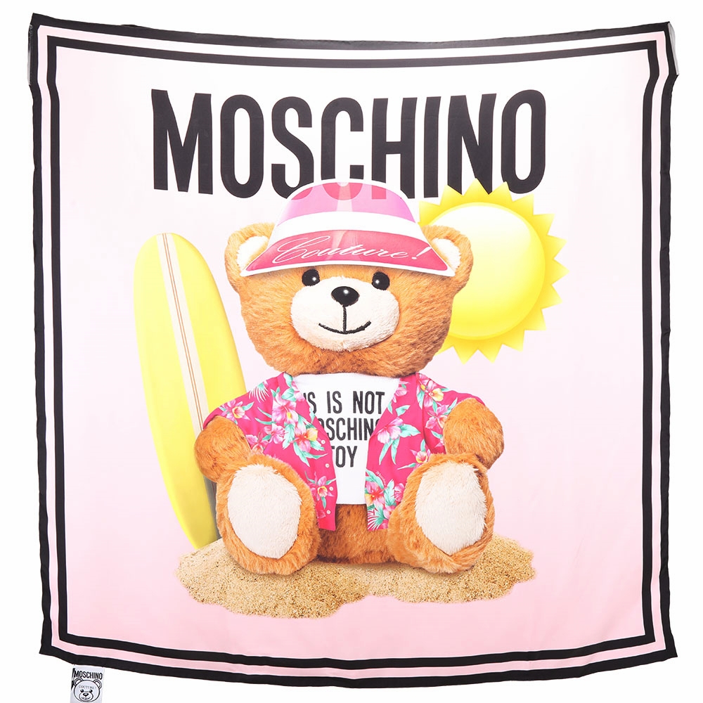 MOSCHINO 沙灘花襯衫泰迪熊印花黑框粉色真絲 披肩/綁包巾(90x90)