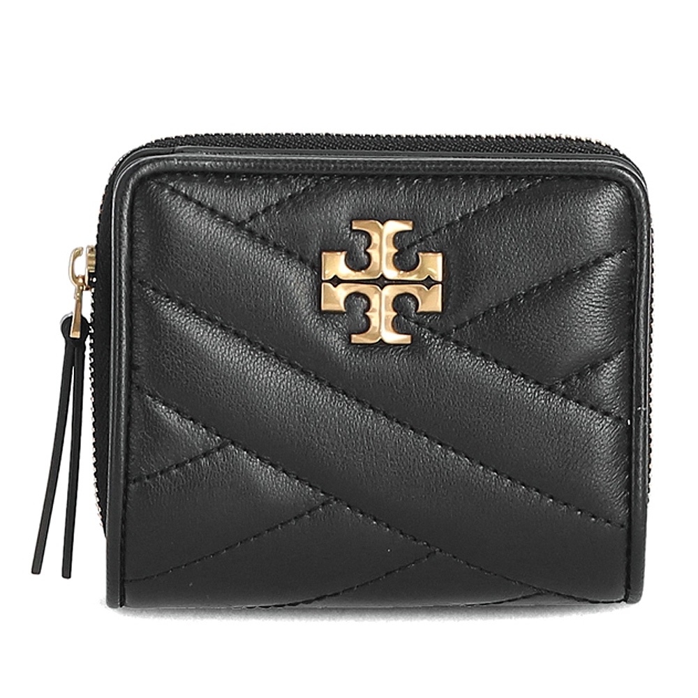 TORY BURCH 新版 KIRA 雙T金屬LOGO 小羊皮壓紋釦式短夾(經典黑)