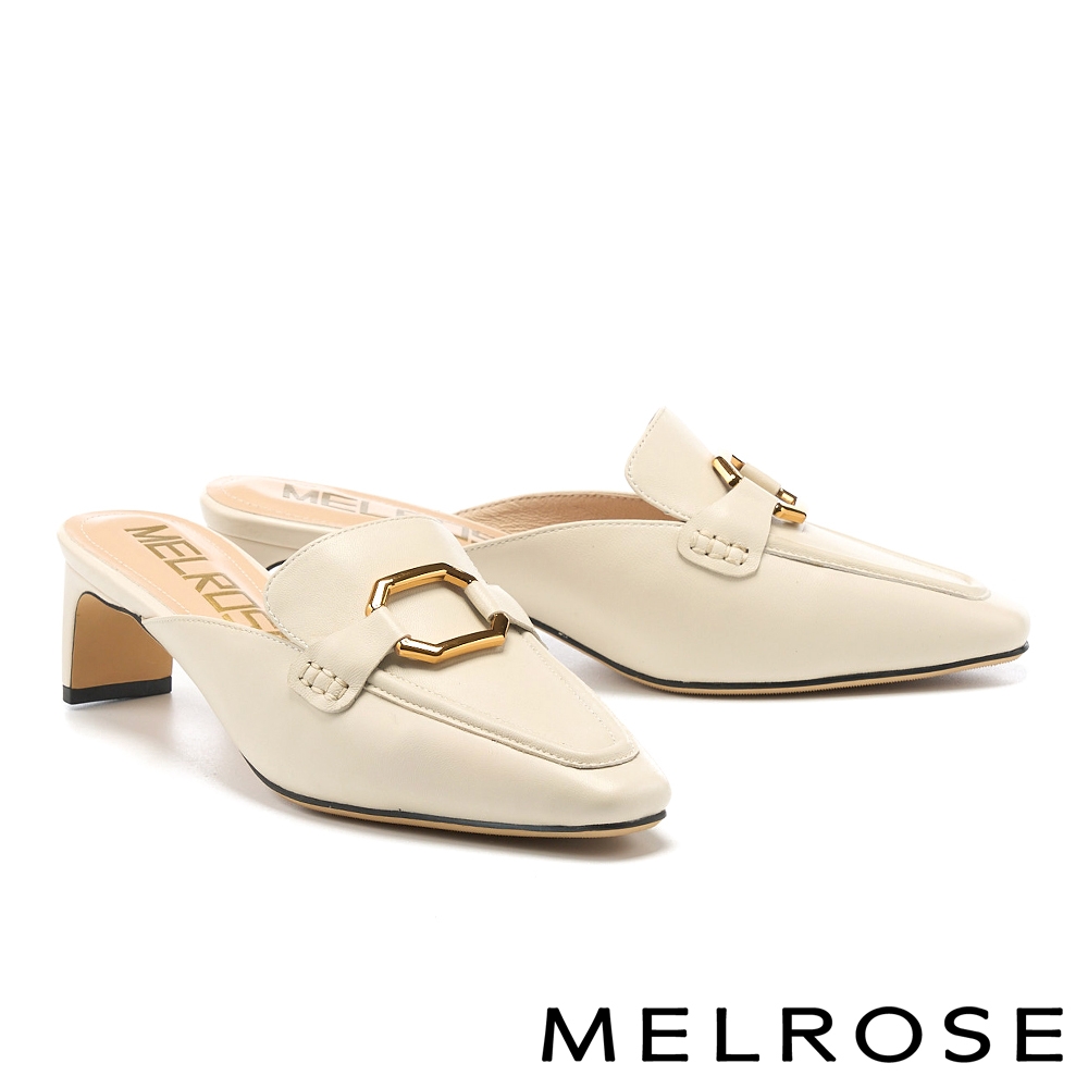 穆勒鞋 MELROSE 時髦金屬飾釦小方楦羊皮穆勒高跟拖鞋－米