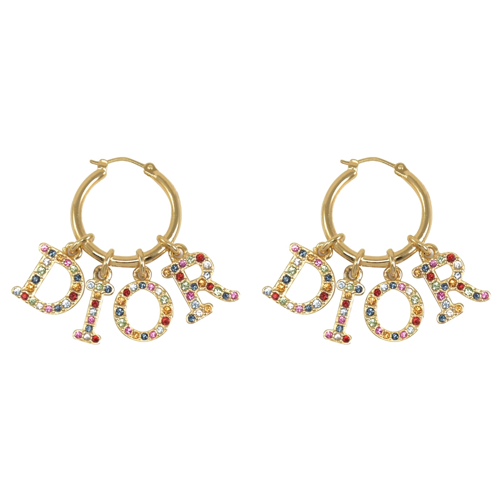 Christian Dior DIO(R)EVOLUTION 彩色水鑽立體LOGO針式耳環(金)