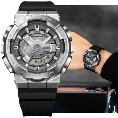 CASIO卡西歐 G-SHOCK WOMEN 圓形金屬殼3D錶盤雙顯錶 GM-S110-1A 銀