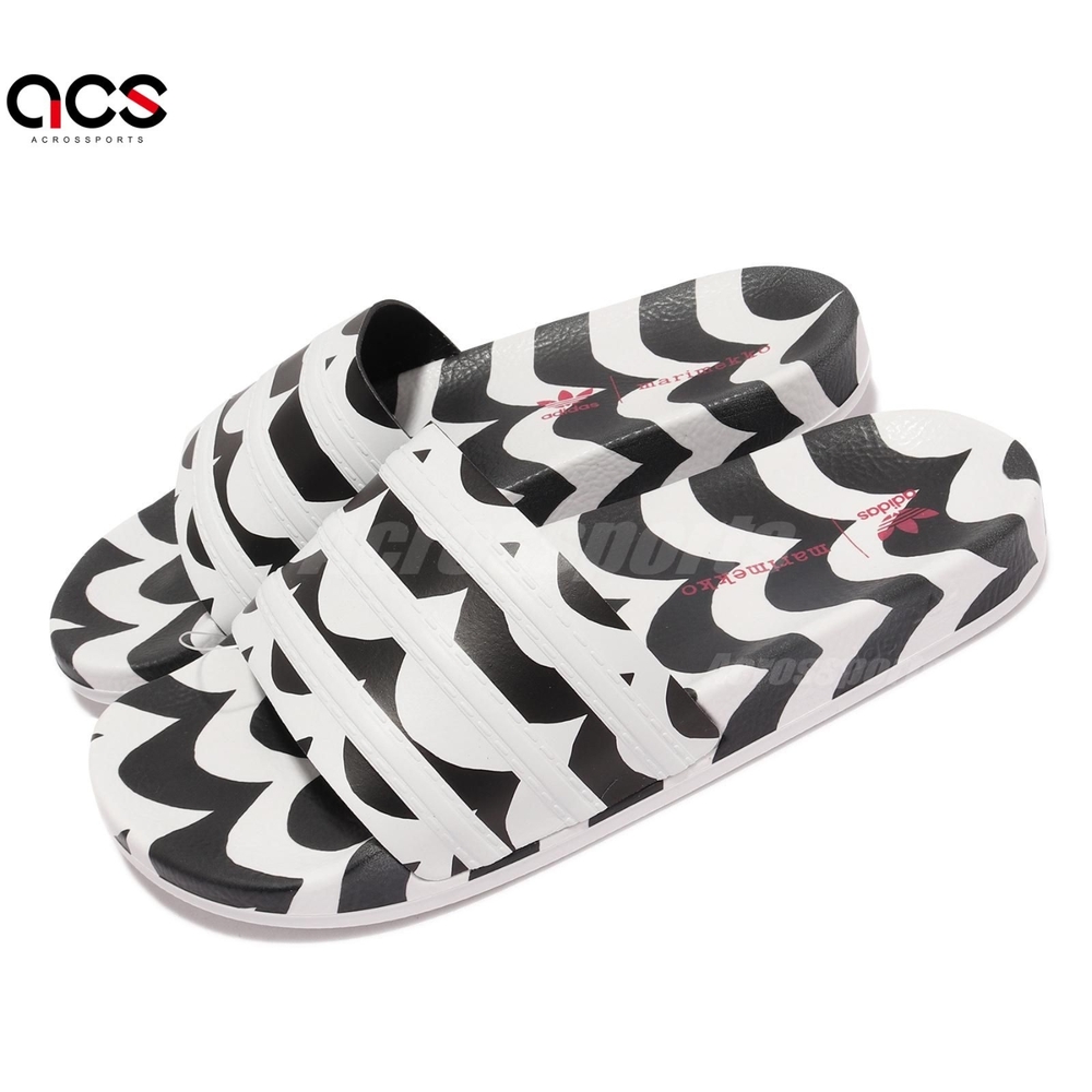 adidas 拖鞋 Adilette W 聯名 夏日 套腳 女鞋 愛迪達 藝術印花 Marimekko 白 黑 GW7536