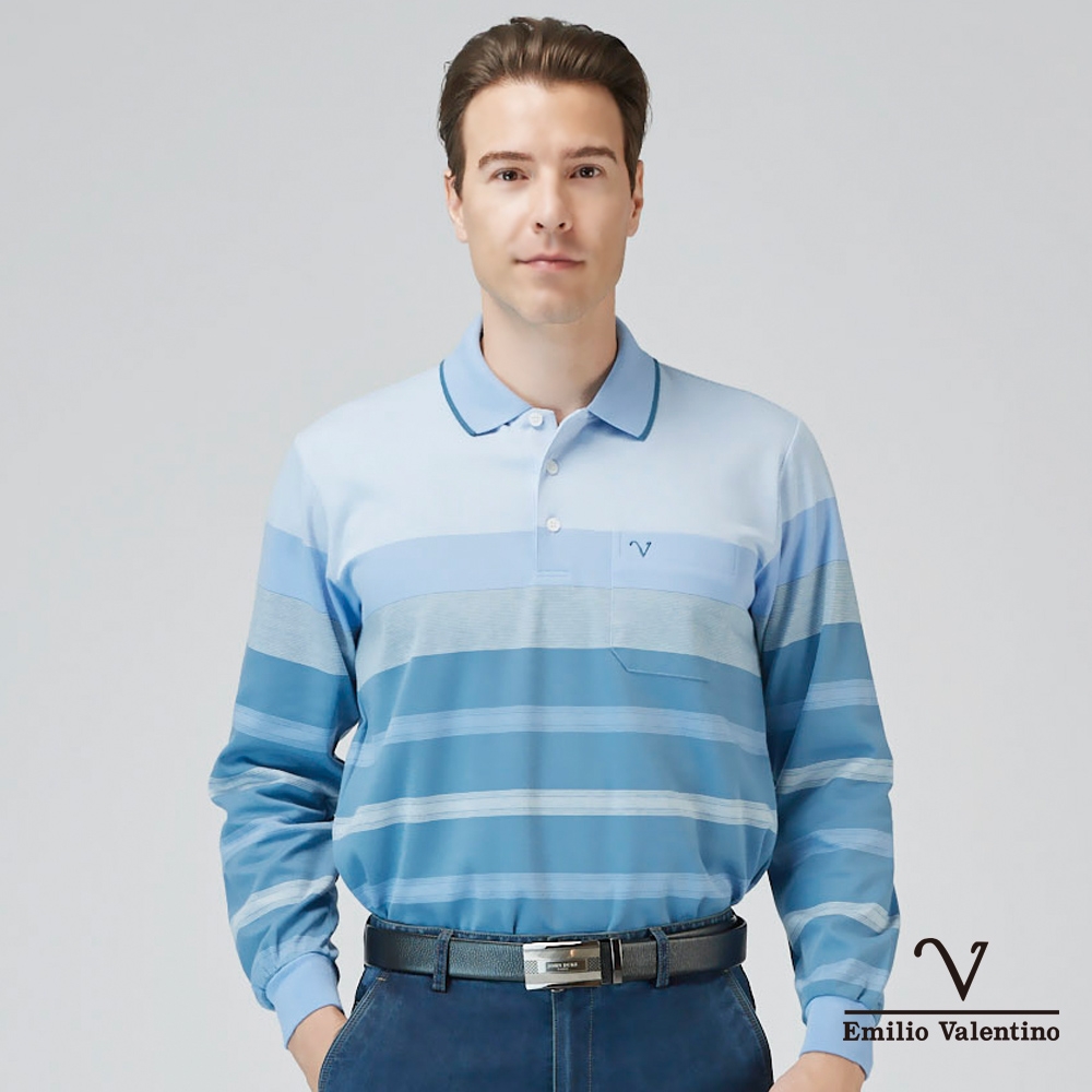 【Emilio Valentino范倫鐵諾】男裝保暖棉質磨毛長袖POLO衫水藍(66-3V7171)
