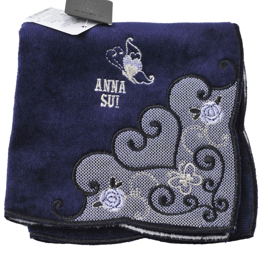 ANNA SUI 荷葉邊愛心蕾絲圖騰彩蝶圖騰字母LOGO刺繡小方巾(深藍系)