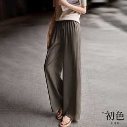 初色 冰絲涼感薄款素色鬆緊系帶高腰闊腿長褲-褐色-70138(M-XL可選)