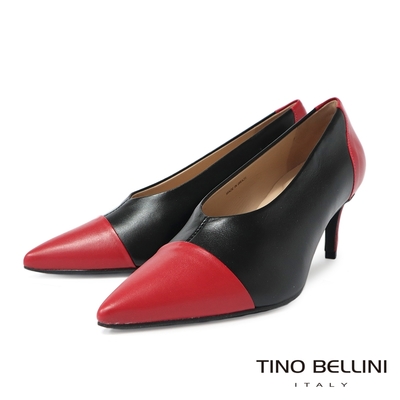 Tino Bellini 巴西進口雙色拼接牛皮尖頭深口跟鞋-黑紅