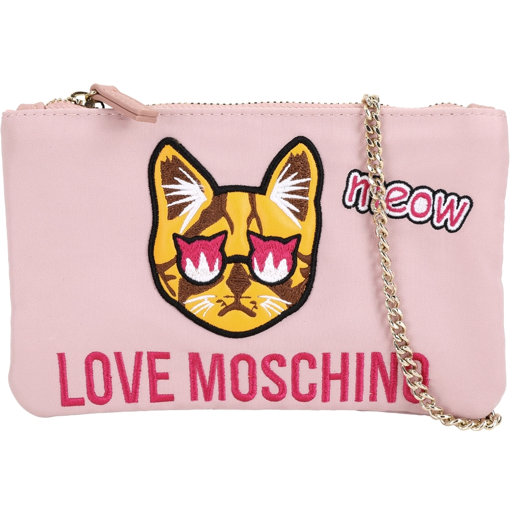 LOVE MOSCHINO 貓咪圖案尼龍手拿/鍊帶包(淺粉色)