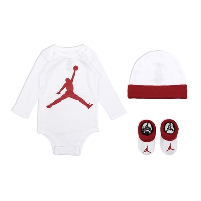 Nike 包屁衣 Jordan Baby 白 紅 長袖 帽子 襪子 純棉 寶寶 嬰兒 送禮 白 紅 JD2343018NB-001