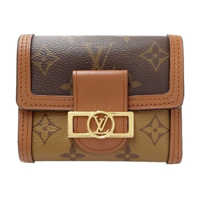 【Louis Vuitton 路易威登】M68725 經典Dauphine系列雙色帆布牛皮飾邊三折零錢中短夾(全新展示品-棕色)