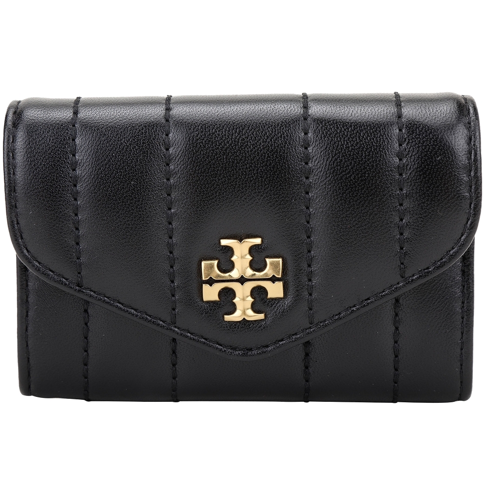 TORY BURCH Kira 雙T絎縫納帕皮革釦式卡片夾/零錢包(黑色)