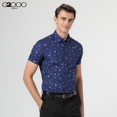 G2000印花短袖休閒襯衫-深藍色