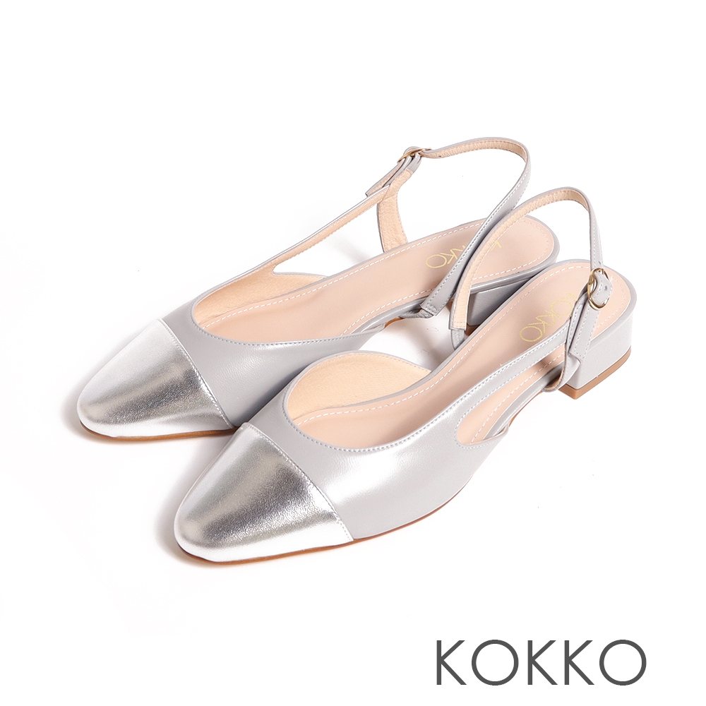KOKKO心機鞋側鏤空設計小香風拼接低跟半包鞋羊皮灰藍色| 樂福鞋| Yahoo 