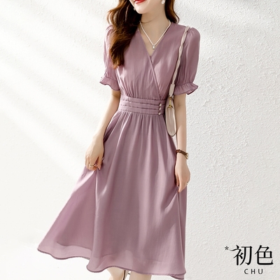 初色 涼感文藝V領收腰荷葉邊袖洋裝-紫色-62303(M-2XL可選)