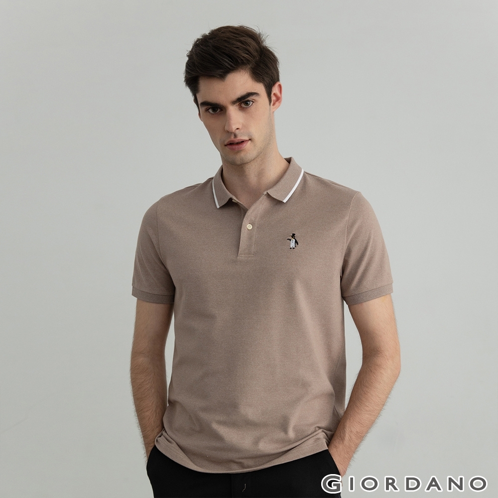 GIORDANO   男裝素色企鵝刺繡POLO衫 - 10 雪花雅棕