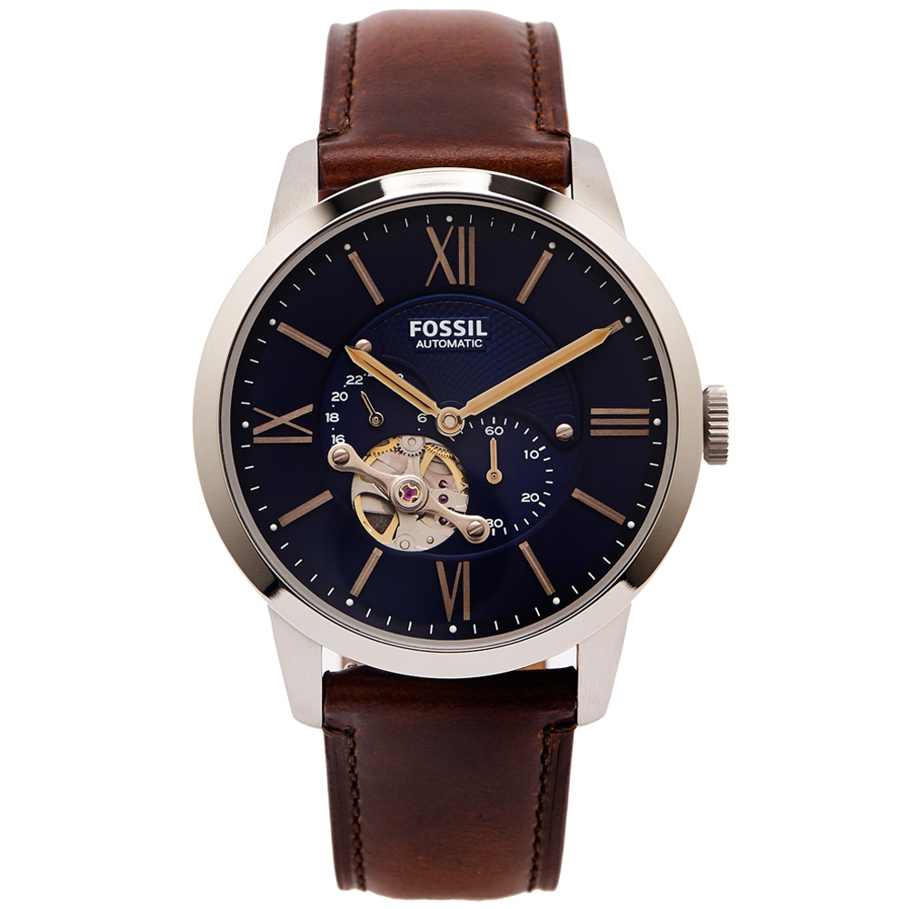 FOSSIL 簍空設計款機械手錶(ME3110)-藍色面x咖啡色/44mm