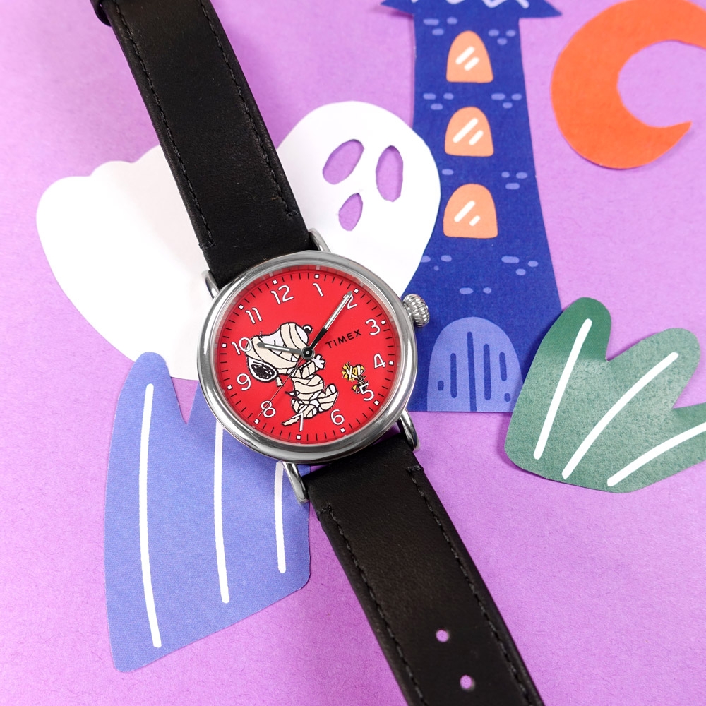 TIMEX 天美時 SNOOPY 史努比聯名 可愛繃帶 冷光照明 真皮手錶-紅x黑/40mm