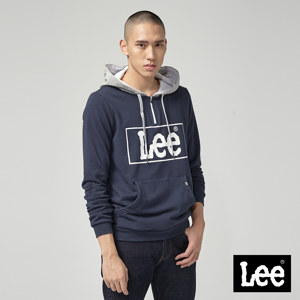 Lee 大框LOGO長袖連帽TEE丈青 麻灰