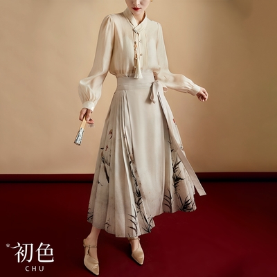 初色 中華風長袖立領流蘇裝飾排釦雪紡襯衫女上衣-米色-30214(M-XL可選)