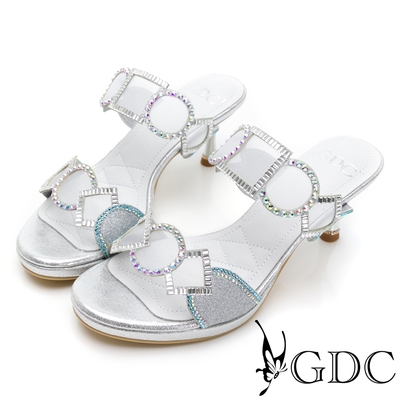 GDC-致命誘惑網紗水鑽金屬感中跟拖鞋-銀色