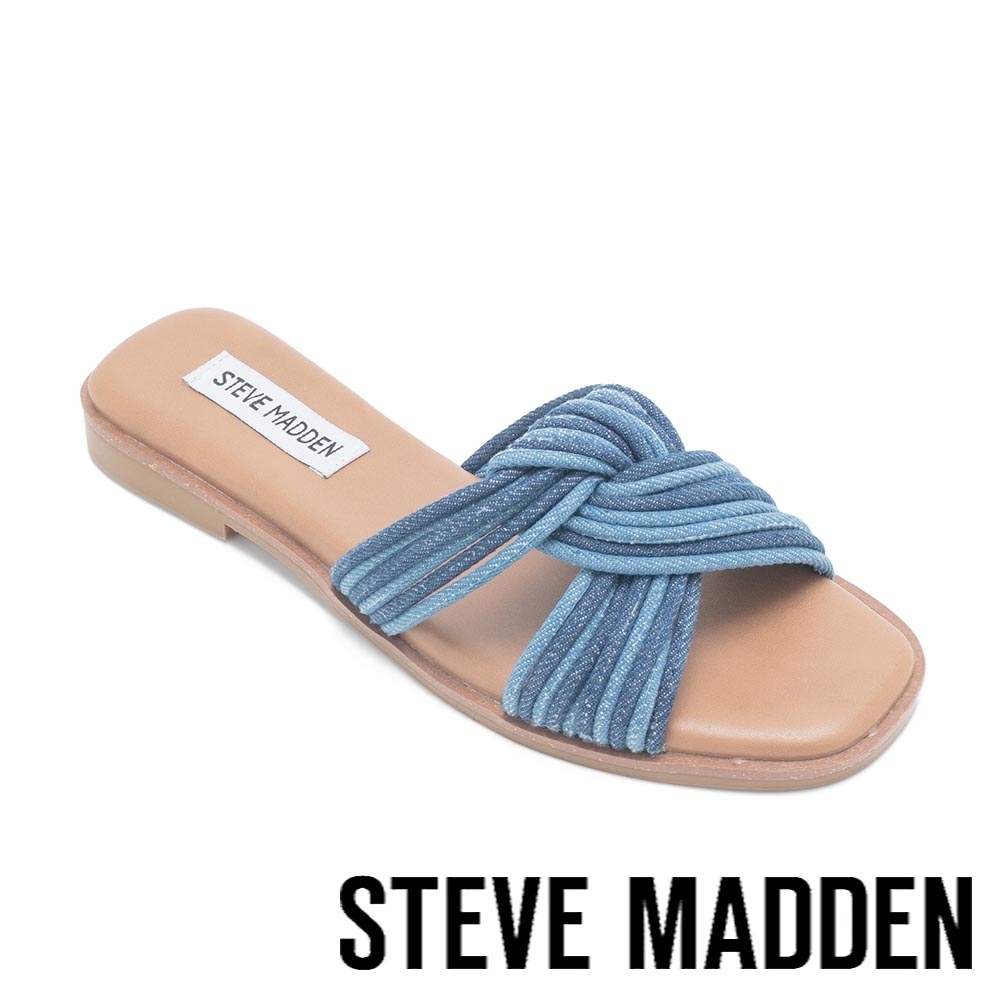 【線上獨家款】STEVE MADDEN-SLOANE 細帶扭結平底涼拖鞋-牛仔藍