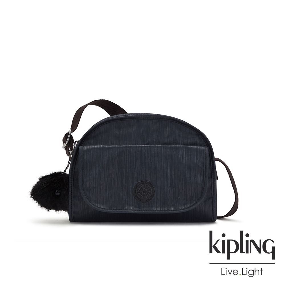 Kipling 光澤緞面黑絲絨翻蓋側背包-LETICIA