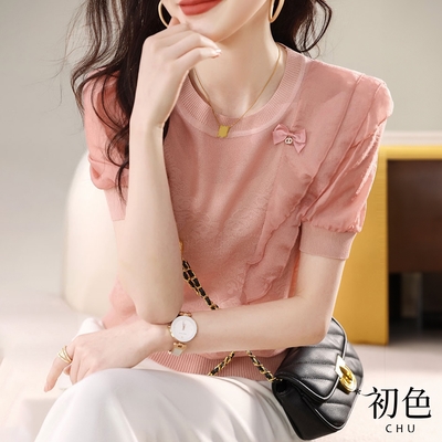 初色 純色拼接荷葉邊泡泡袖短袖圓領寬鬆T恤上衣-粉紅色-30360(M-2XL可選)