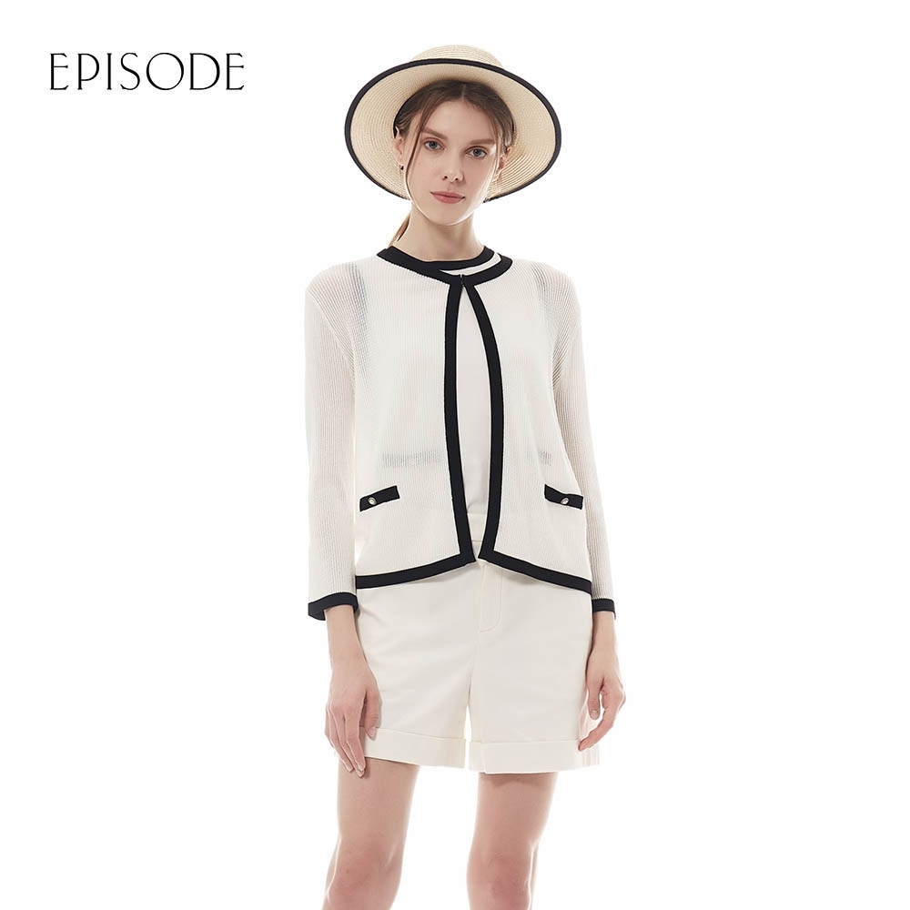 EPISODE - 白色素雅黑色鑲邊設計針織外套